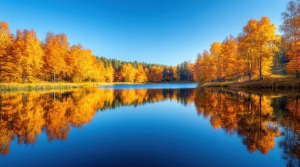 Fototapeta premium Serene Lake Surrounded by Autumn Trees Reflection