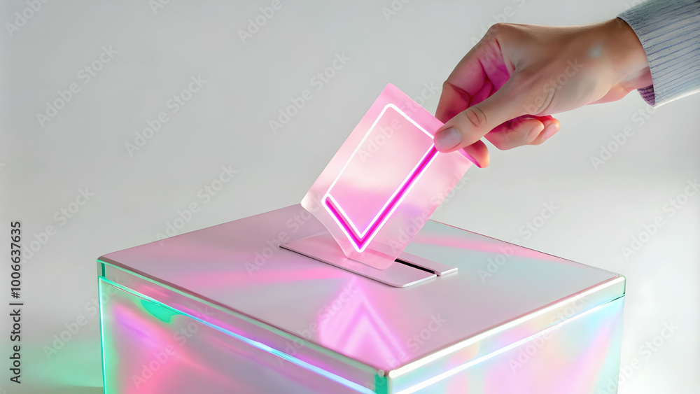 Canvas Prints Floating Holographic Ballot with Glowing Checkmark: Close-Up of Rotating Candidate Options on White Background for Photo Stock Concept