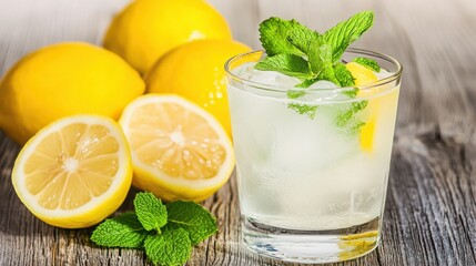 Fototapeta premium Refreshing Iced Drink with Lemon and Mint Garnish