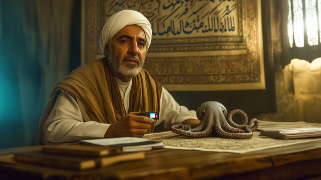 An Iranian mullah holds a blinking pager while sitting beside a metallic octopus sculpture. The room blends traditional Persian decor with modern technology, creating a surreal atmosphere.