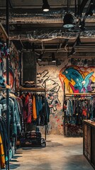 Obraz premium A vibrant clothing store interior featuring colorful graffiti and stylish apparel on display, perfect for urban fashion enthusiasts.