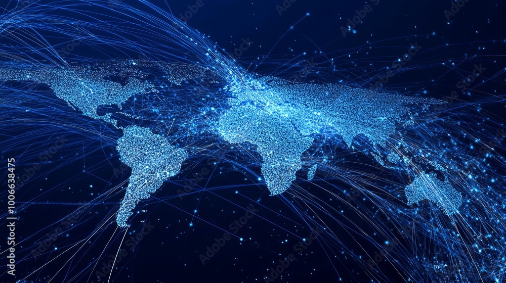 Poster a digital world map with intricate blue lines representing global connections, emphasizing communica