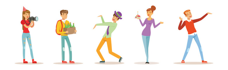 Happy People Character Celebrating Holiday and Festive Event Vector Set