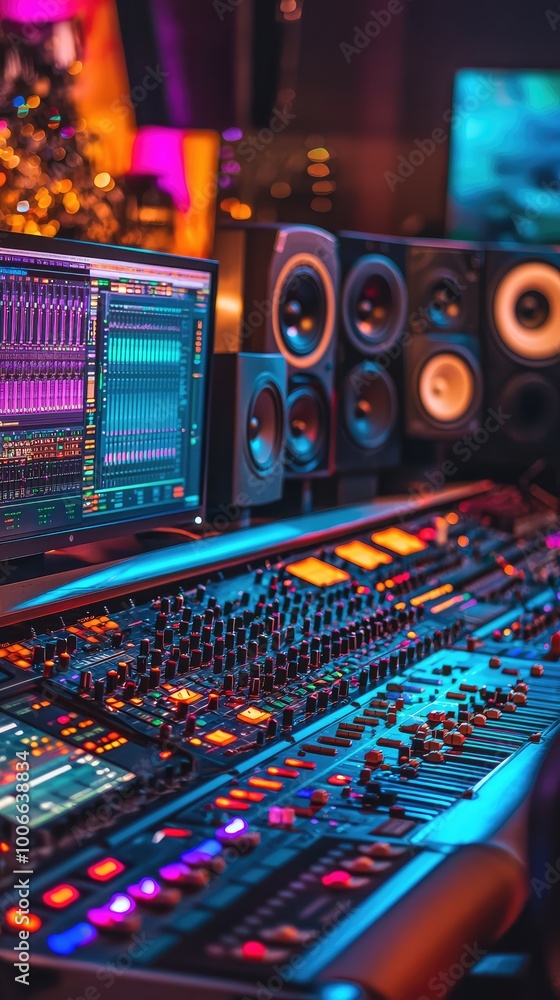 Poster a vibrant music studio with advanced equipment, showcasing a dynamic mixing console illuminated by c