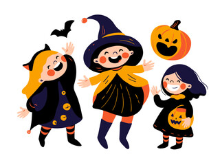 Group of Cute Kids in Halloween Costume -  Hand drawn