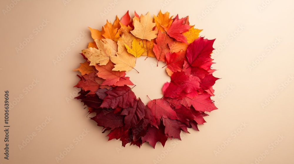 Poster a symmetrical arrangement of colorful autumn leaves forms a circle on a pastel beige background, emp