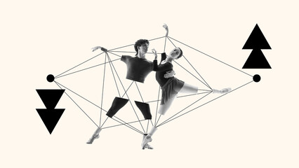 Contemporary art collage. Duet captured in mid-dance, abstract shapes and lines highlighting their...