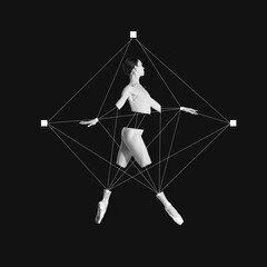 Poster. Contemporary art collage. Dancer encapsulated by geometric shapes, merging fluidity with...