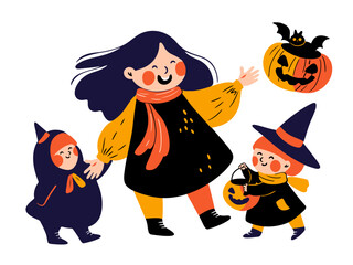 Group of Cute Kids in Halloween Costume -  Hand drawn