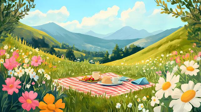 An idyllic scene of a picnic setup in a mountain meadow, with rolling hills and vibrant flowers providing a picturesque backdrop. Rolling Meadows. Illustration