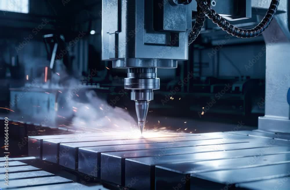 Poster close-up of a cnc machine cutting metal with sparks flying. the machine is powerful and precise, cre