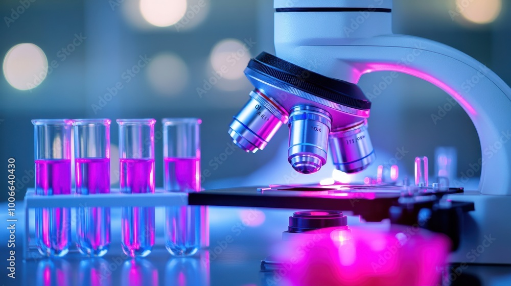 Poster microscope with colorful samples in laboratory setting