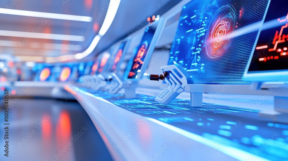 Poster futuristic laboratory with advanced technology interfaces