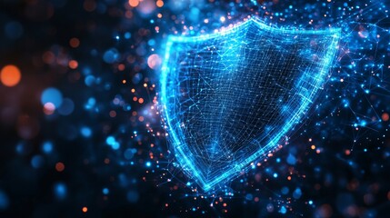 An intricate digital shield made of glowing blue lines and dots, representing cybersecurity and the concept of digital protection.