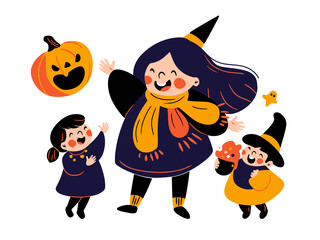 Group of Cute Kids in Halloween Costume -  Hand drawn