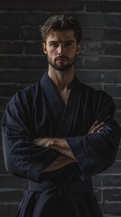 Obraz premium A young man in a black martial arts uniform stands with arms crossed in front of a brick wall.