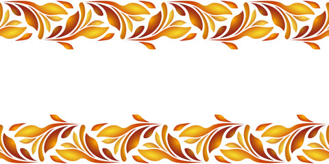 Orange leaves design seamless border on white background. Folk floral vector illustration. Ethnic paisley ornament. Bright sunny autumn design. Fantasy geometric shapes for decor clothes, home, etc