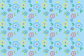 Illustration pattern, Repeating line of abstract multicolor flower with leaf on soft blue background.