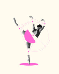Poster. Contemporary art collage. Elegant dancer in high arabesque, framed by pink geometric shapes and lines. Balance and grace. Concept of dance, music, action, elegance, motion. Minimal art design.