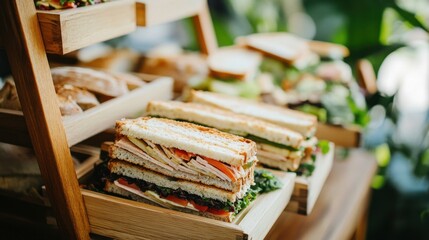 Morning tea platters for a corporate event, with fresh sandwiches, salad, and bread neatly arranged on wooden boxes and plates.