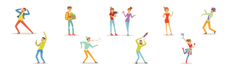 Happy People Character Celebrating Holiday and Festive Event Vector Set