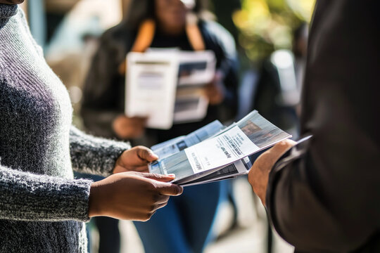 Close-up of a campaign worker handing out flyers, candidate posters in the background, engaged voters in the scene.