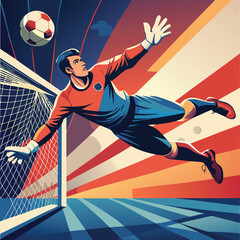 Vector of a Goalkeeper Diving to Catch a Football, With the Goalpost and Net in the Background. Vector art Illustraion 