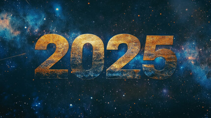Golden New Year 2025 in space with dark galaxy background