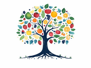 Flat Vector Illustration of a Floating Sustainability Tree with Community-Shaped Fruits, Showcasing ESG Principles and Benefits in a Wide Shot