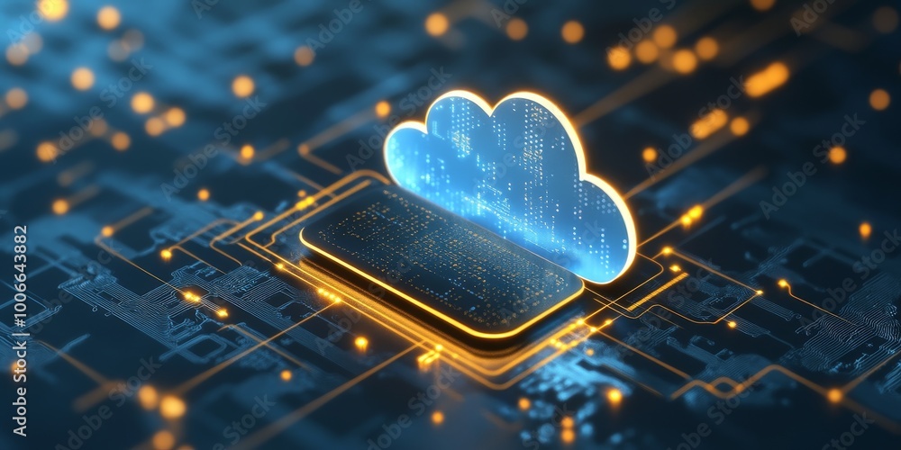 Poster a digital representation of cloud technology, showcasing integration and data storage dynamics throu