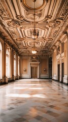 An elegant ballroom with intricate ceiling designs, large windows, and polished floors, perfect for events and celebrations.
