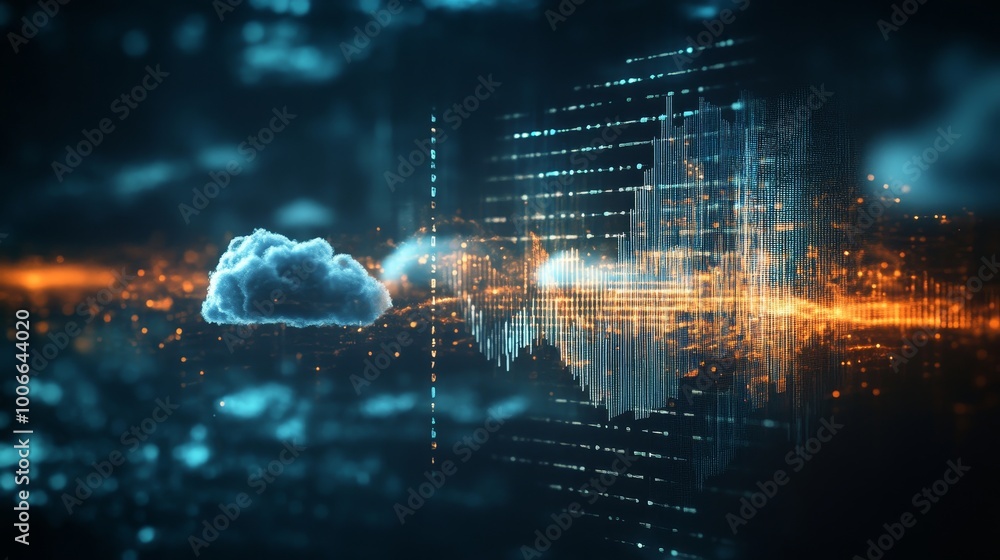Poster a digital cloud symbolizing technology, surrounded by data streams and glowing lines, representing i