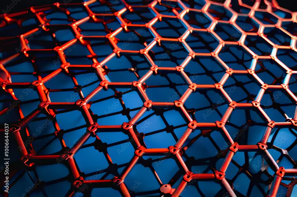 Poster a close-up of a red, hexagonal lattice structure against a blue background. the lattice is a repeati