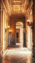 Fototapeta premium An elegant hallway featuring ornate architecture, intricate designs, and warm lighting, evoking a sense of luxury and history.