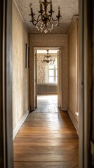 An elegant hallway featuring vintage decor, wooden floors, and intricate chandeliers, perfect for interior design inspiration.