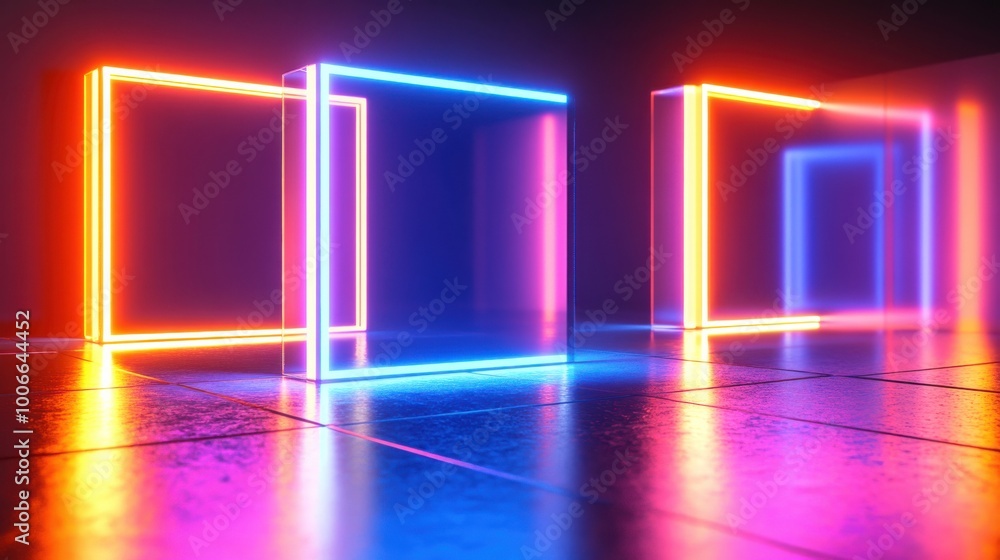 Poster minimal 3d render with neon light boxes