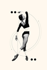 Poster. Contemporary art collage. Dancer poised in delicate balance, accentuated by clean, circular geometry that enhances natural curves of movement. Concept of dance and music. Minimal art design.