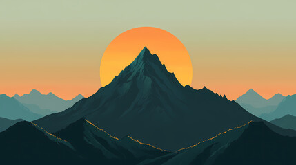 Naklejka premium Achievement at dawn: a silhouette on a mountain peak symbolizing personal growth and vision. Mountain Peak. Illustration