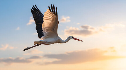 Obraz premium majestic bird soaring gracefully through sky at sunset, showcasing its large wings and vibrant plumage. serene atmosphere evokes sense of freedom and tranquility