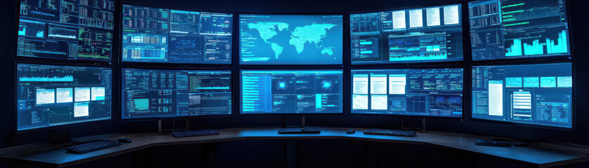 High tech environment with multiple monitors displaying data analytics, world maps, and graphs. setup suggests control room or data center, emphasizing technology and information processing.