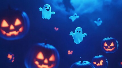 Naklejka premium Jack-o'-lanterns with glowing faces float in a dark blue sky with ghosts.