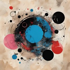 Obraz premium Geometric abstract painting with circles and scribbles and rectangles colors blue red beige black white pink