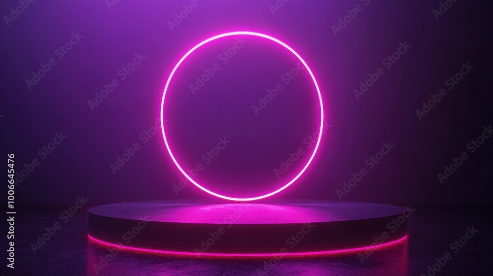 Poster neon circle on display stand in dark environment
