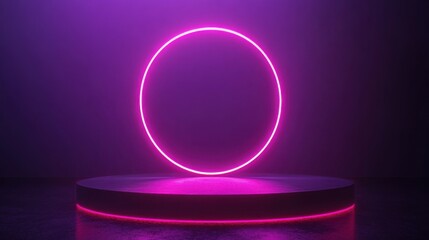 Fototapeta premium Neon Circle on Display Stand in Dark Environment