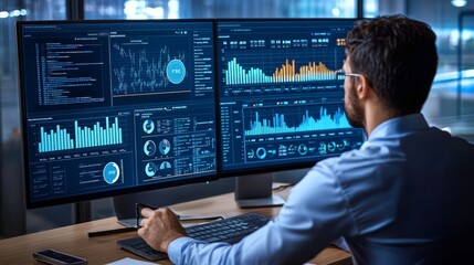 A detailed shot of a financial analyst analyzing multiple data charts on computer screens within a sleek, modern office environment.