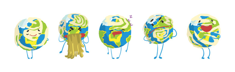 Funny Earth Planet Character with Face and Arm Vector Set
