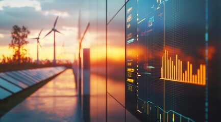 A futuristic digital analytics display highlights data against a backdrop of wind turbines and solar panels at sunset, symbolizing sustainability.