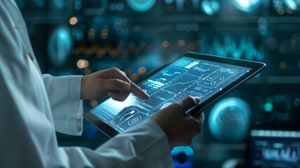 A person is using a tablet to point at a screen with a lot of numbers and graphs