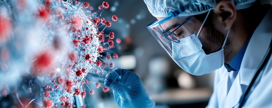 Researchers analyzing virus mutations with advanced data visualizations, virology, healthcare innovation