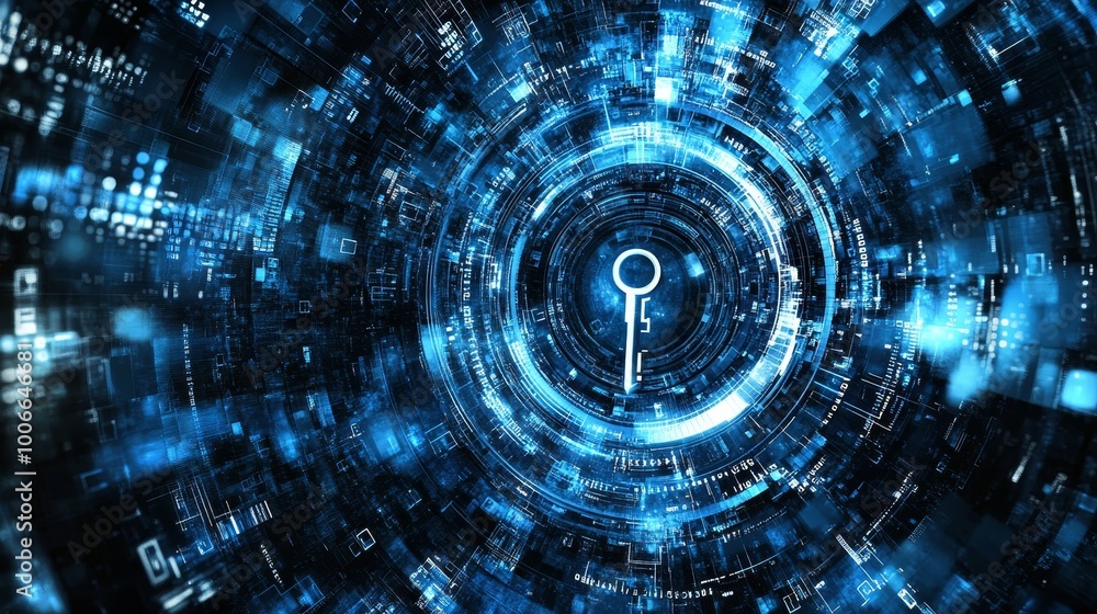 Aufkleber a circular digital key design wrapped in blue data patterns conveys the concept of security in an ad